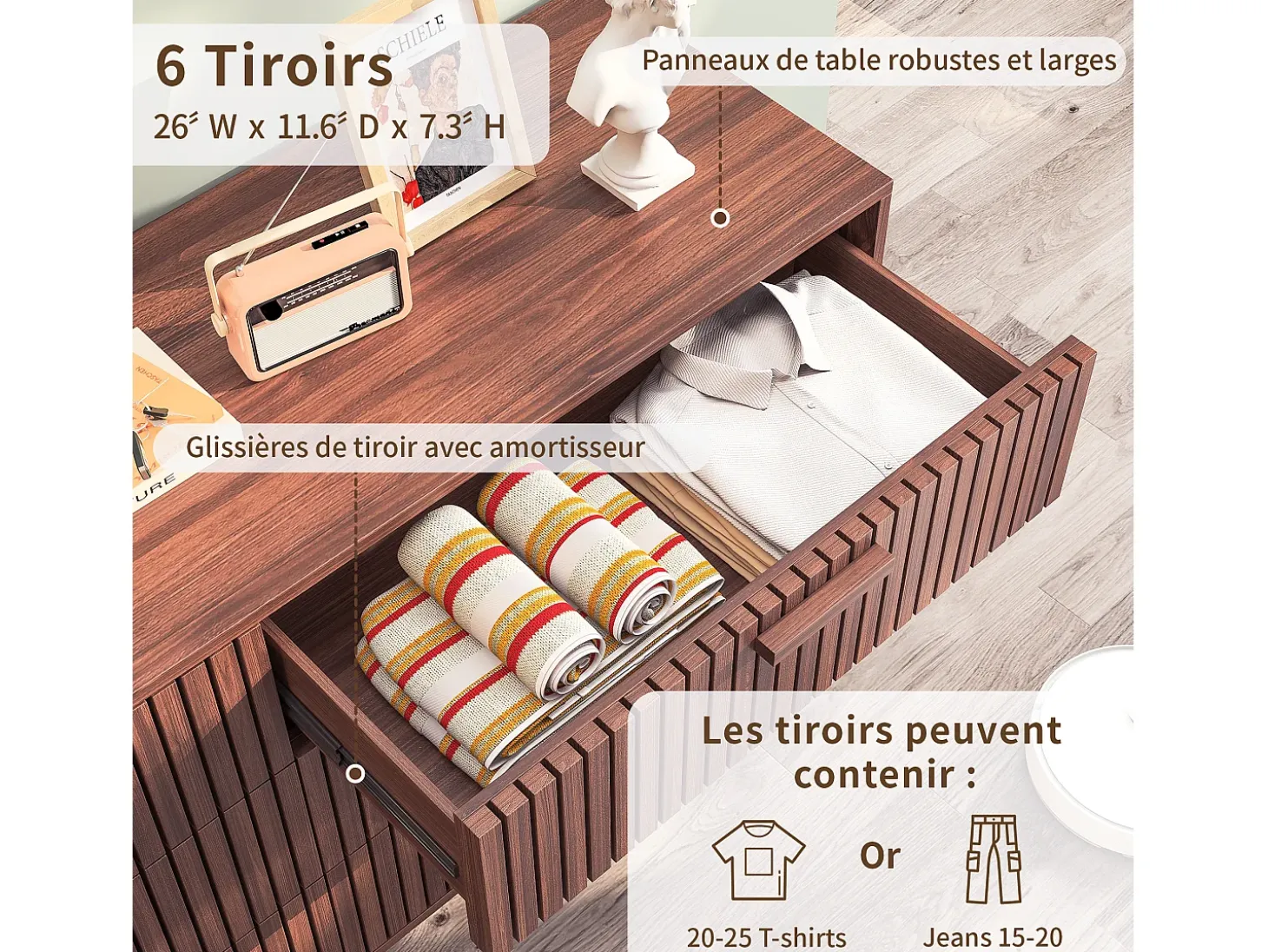 Cómoda de madera, mueble de almacenaje para dormitorio o salón, 100 x 34 x 73 cm