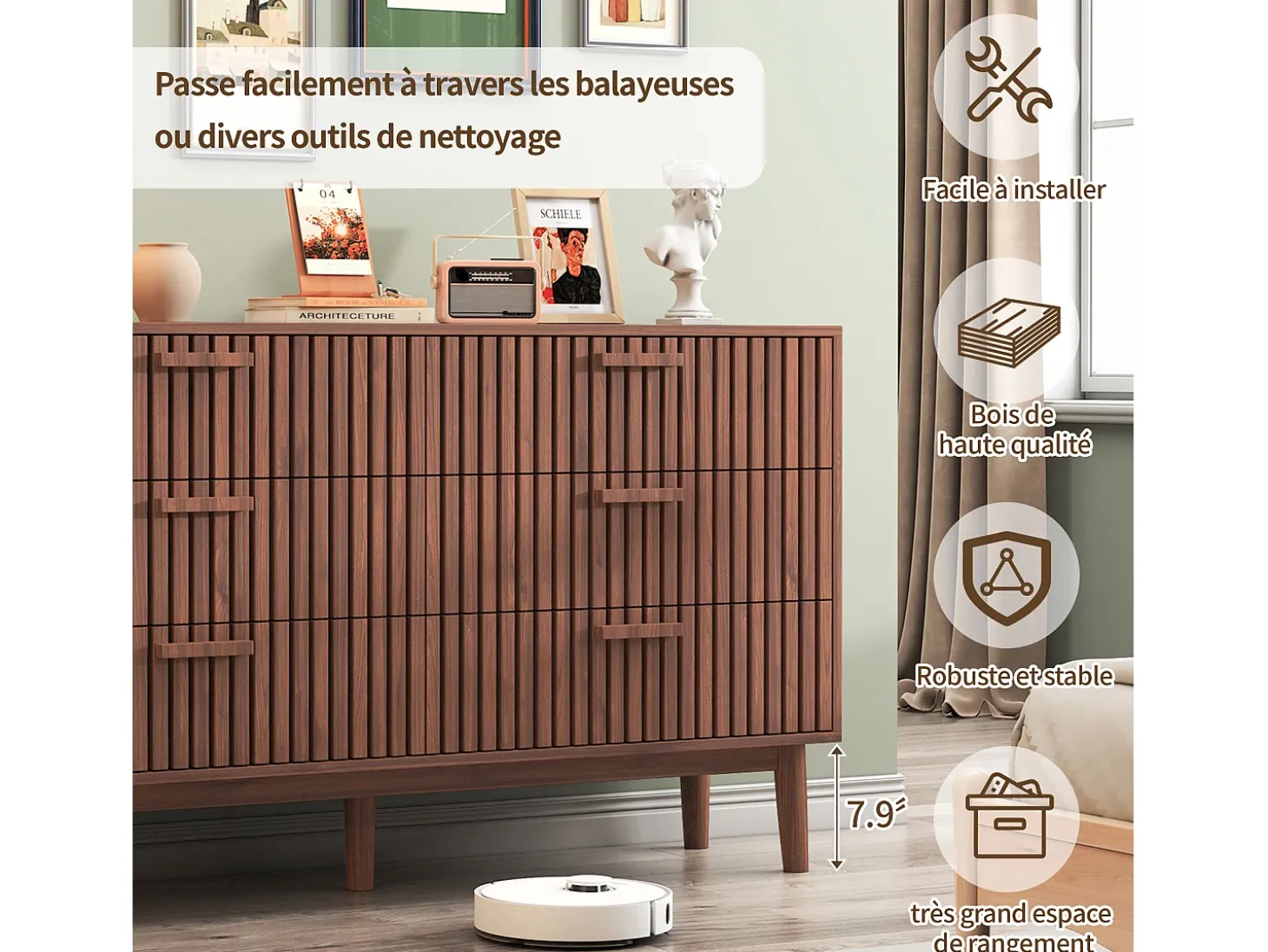 Cómoda de madera, mueble de almacenaje para dormitorio o salón, 100 x 34 x 73 cm