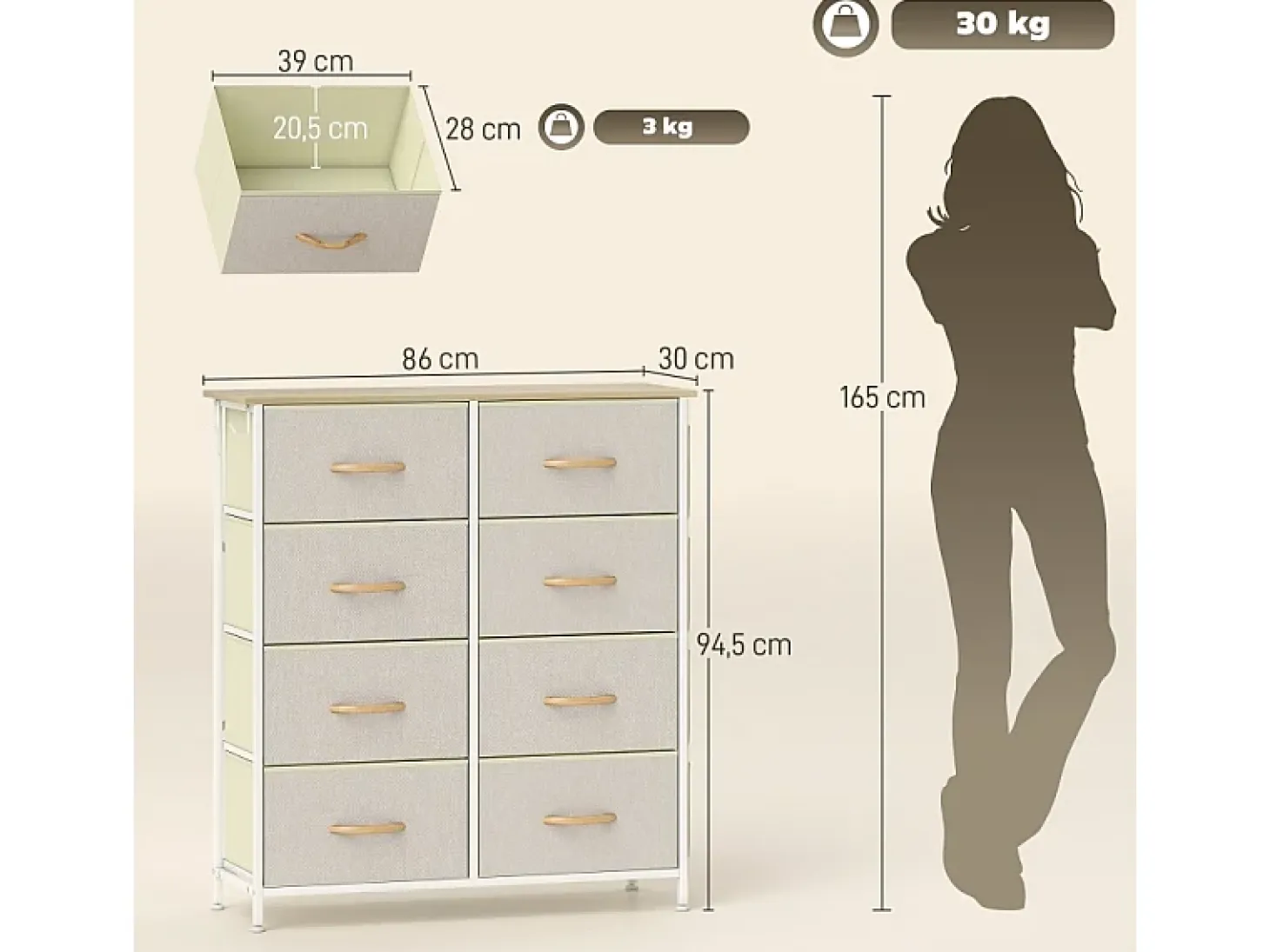 Cómoda de tela con 8 cajones, 4 bolsillos, 2 ganchos y estructura de acero, para salón, color beige