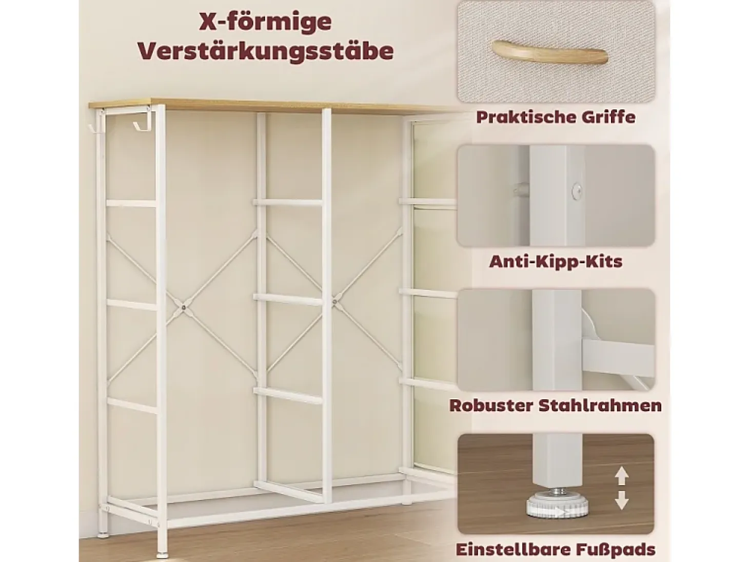 Cómoda de tela con 8 cajones, 4 bolsillos, 2 ganchos y estructura de acero, para salón, color beige