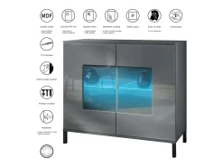 Cómoda Grömitz V3, Moderno armario de cocina con 2 grandes puertas de cristal incl. iluminación RGB antracita mate / burdeos de alto brillo (92,5 x 83.5 x 35)