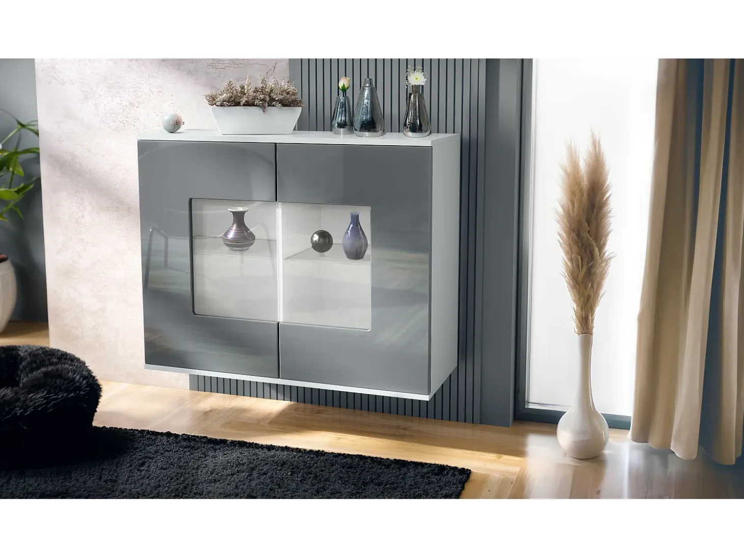 Cómoda Grömitz V3, Moderno armario de cocina con 2 grandes puertas de cristal blanco mate / gris de alto brillo (92,5 x 73.5 x 35)