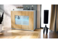 Cómoda Grömitz V3, Moderno armario de cocina con 2 grandes puertas de cristal incl. iluminación RGB blanco mate / roble natural (92,5 x 75.5 x 35)