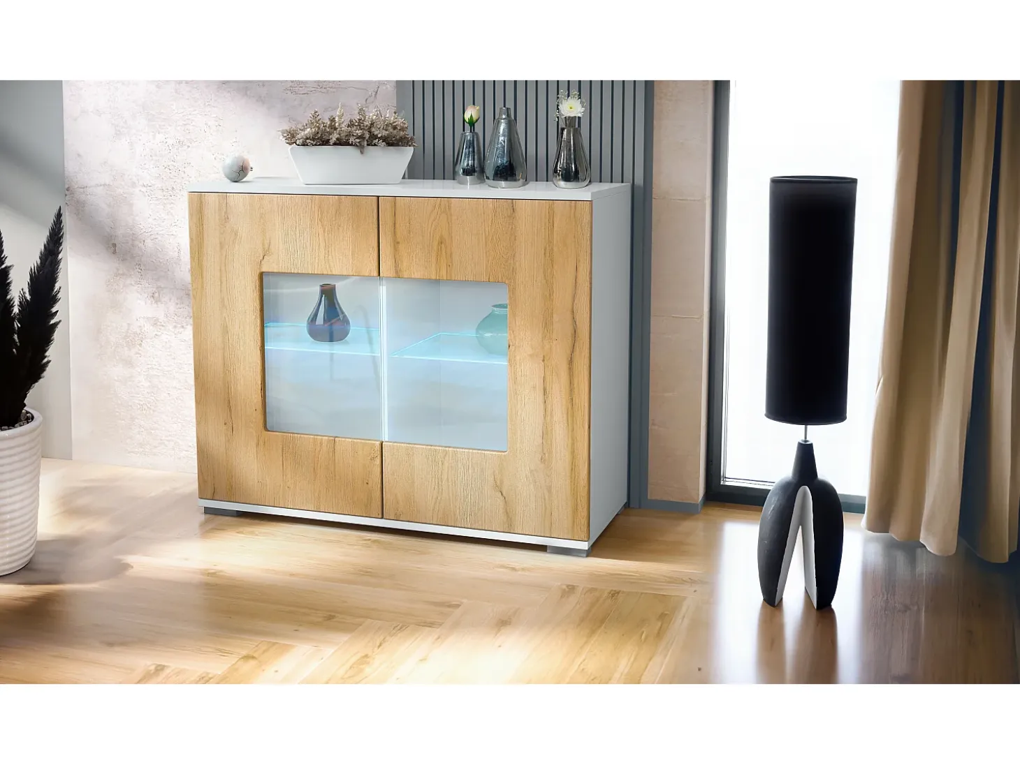 Cómoda Grömitz V3, Moderno armario de cocina con 2 grandes puertas de cristal incl. iluminación RGB blanco mate / roble natural (92,5 x 75.5 x 35)