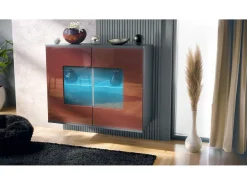 Cómoda Grömitz V3, Moderno armario de cocina con 2 grandes puertas de cristal incl. iluminación RGB antracita mate / burdeos de alto brillo (92,5 x 73.5 x 35)