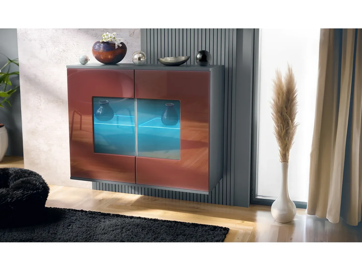 Cómoda Grömitz V3, Moderno armario de cocina con 2 grandes puertas de cristal incl. iluminación RGB antracita mate / burdeos de alto brillo (92,5 x 73.5 x 35)
