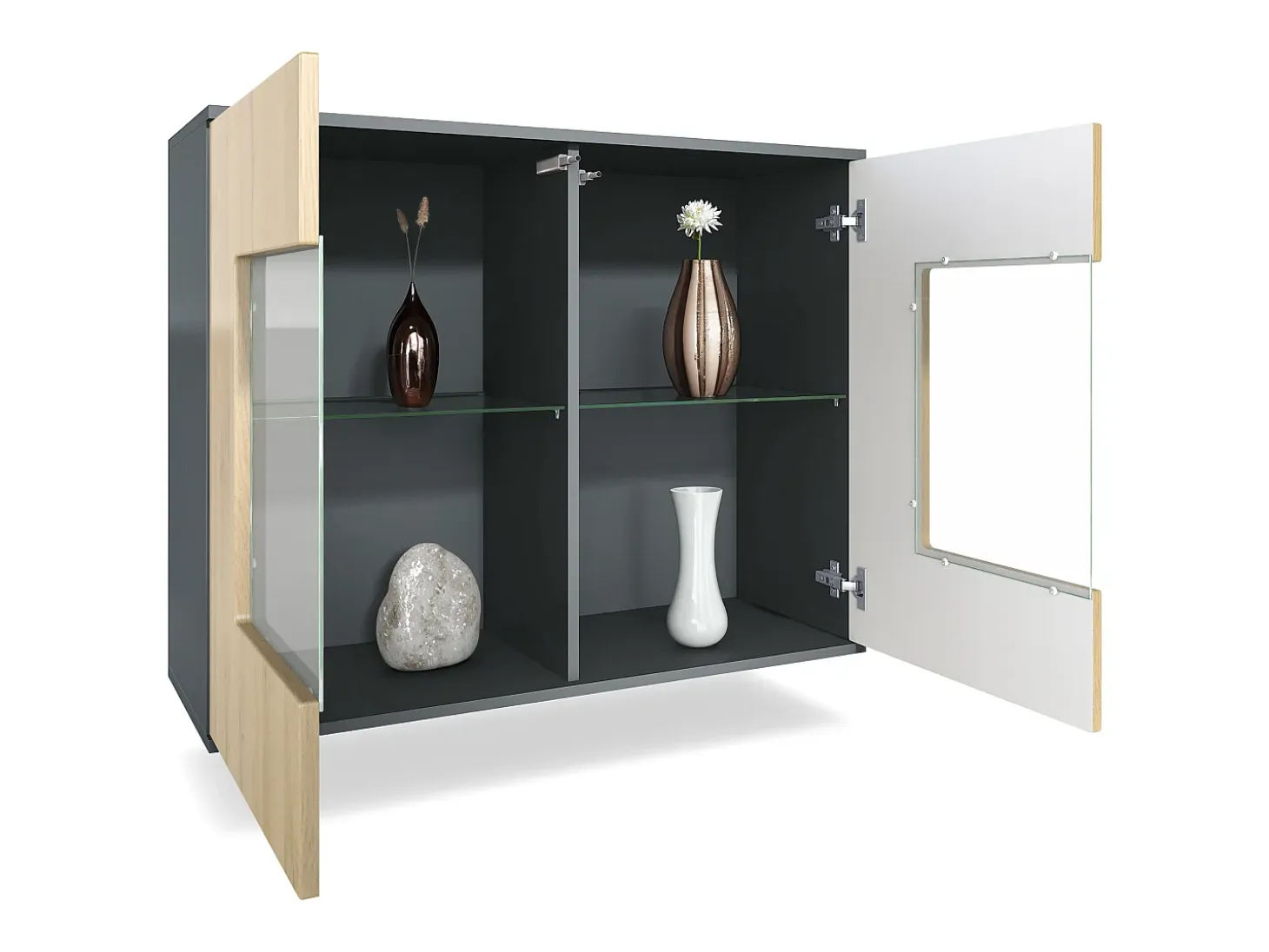 Cómoda Grömitz V3, Moderno armario de cocina con 2 grandes puertas de cristal incl. iluminación RGB antracita mate / burdeos de alto brillo (92,5 x 73.5 x 35)