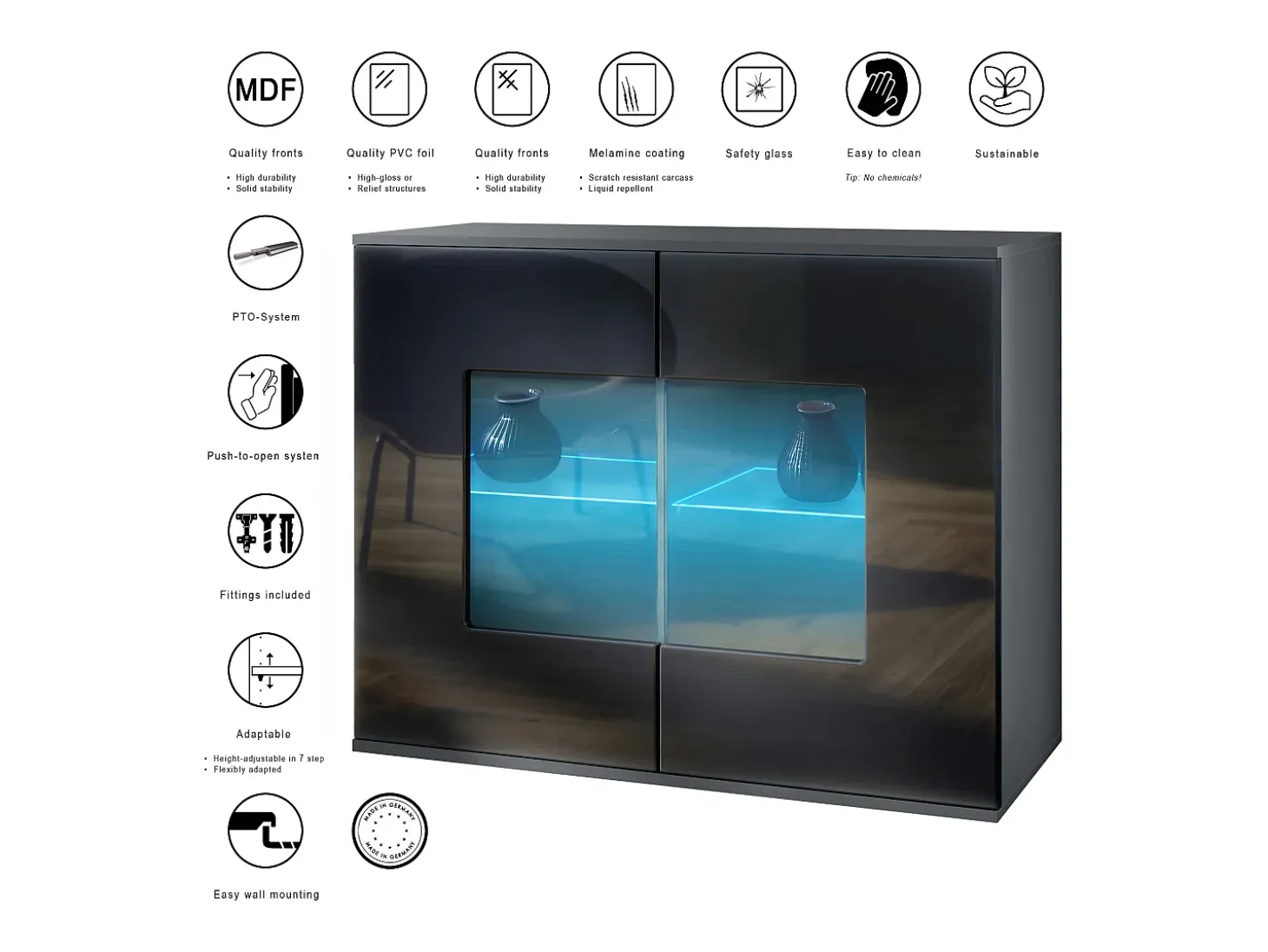 Cómoda Grömitz V3, Moderno armario de cocina con 2 grandes puertas de cristal incl. iluminación RGB antracita mate / burdeos de alto brillo (92,5 x 73.5 x 35)
