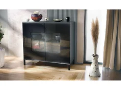 Cómoda Grömitz V3, Moderno armario de cocina con 2 grandes puertas de cristal antracita mate / negro de alto brillo (92,5 x 83.5 x 35)