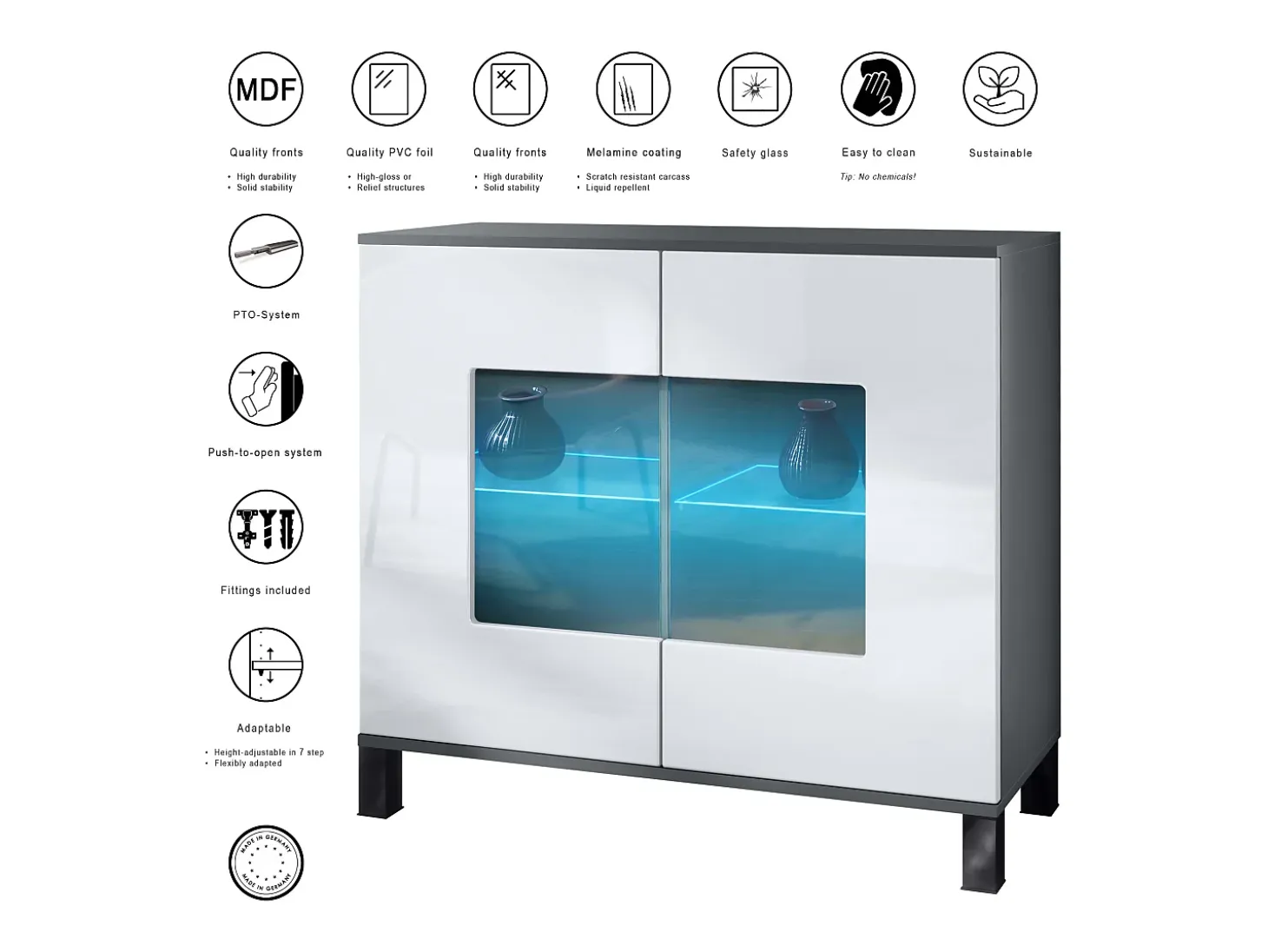Cómoda Grömitz V3, Moderno armario de cocina con 2 grandes puertas de cristal incl. iluminación RGB antracita mate / negro de alto brillo (92,5 x 84.5 x 35)