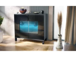 Cómoda Grömitz V3, Moderno armario de cocina con 2 grandes puertas de cristal incl. iluminación RGB antracita mate / negro de alto brillo (92,5 x 84.5 x 35)