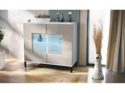 Cómoda Grömitz V3, Moderno armario de cocina con 2 grandes puertas de cristal incl. iluminación RGB blanco mate / gris arena de alto brillo (92,5 x 83.5 x 35)