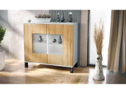 Cómoda Grömitz V3, Moderno armario de cocina con 2 grandes puertas de cristal blanco mate / roble natural (92,5 x 84.5 x 35)