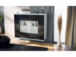 Cómoda Grömitz V3, Moderno armario de cocina con 2 grandes puertas de cristal blanco mate / negro de alto brillo (92,5 x 73.5 x 35)