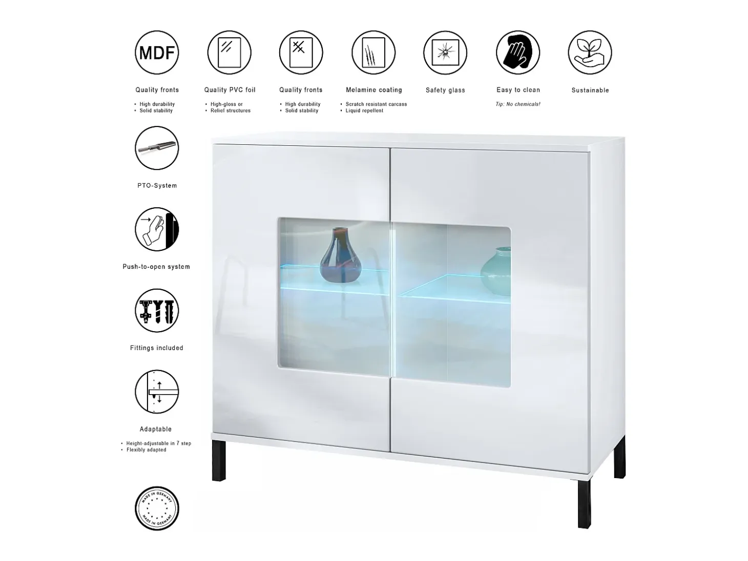 Cómoda Grömitz V3, Moderno armario de cocina con 2 grandes puertas de cristal incl. iluminación RGB blanco mate / gris de alto brillo (92,5 x 83.5 x 35)