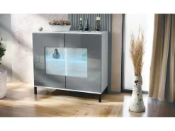 Cómoda Grömitz V3, Moderno armario de cocina con 2 grandes puertas de cristal incl. iluminación RGB blanco mate / gris de alto brillo (92,5 x 83.5 x 35)