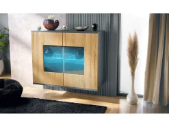 Cómoda Grömitz V3, Moderno armario de cocina con 2 grandes puertas de cristal incl. iluminación RGB antracita mate / roble natural (92,5 x 73.5 x 35)