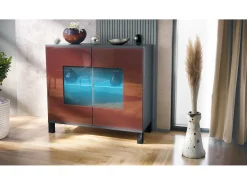Cómoda Grömitz V3, Moderno armario de cocina con 2 grandes puertas de cristal incl. iluminación RGB antracita mate / burdeos de alto brillo (92,5 x 84.5 x 35)