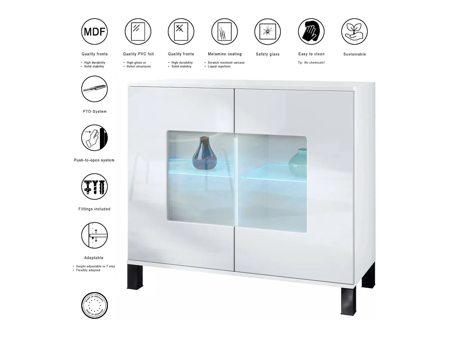 Cómoda Grömitz V3, Moderno armario de cocina con 2 grandes puertas de cristal incl. iluminación RGB blanco mate / gris arena de alto brillo (92,5 x 84.5 x 35)