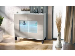 Cómoda Grömitz V3, Moderno armario de cocina con 2 grandes puertas de cristal incl. iluminación RGB blanco mate / gris arena de alto brillo (92,5 x 84.5 x 35)