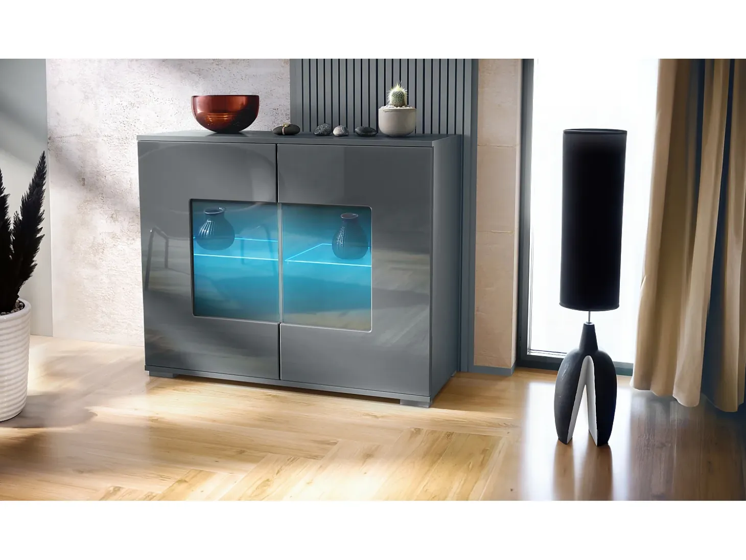 Cómoda Grömitz V3, Moderno armario de cocina con 2 grandes puertas de cristal incl. iluminación RGB antracita mate / gris de alto brillo (92,5 x 75.5 x 35)