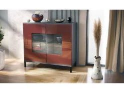 Cómoda Grömitz V3, Moderno armario de cocina con 2 grandes puertas de cristal antracita mate / burdeos de alto brillo (92,5 x 83.5 x 35)