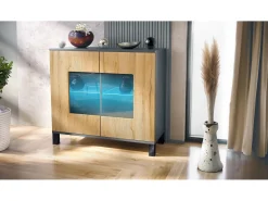Cómoda Grömitz V3, Moderno armario de cocina con 2 grandes puertas de cristal incl. iluminación RGB antracita mate / roble natural (92,5 x 84.5 x 35)