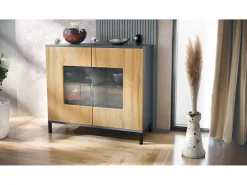 Cómoda Grömitz V3, Moderno armario de cocina con 2 grandes puertas de cristal antracita mate / roble natural (92,5 x 83.5 x 35)