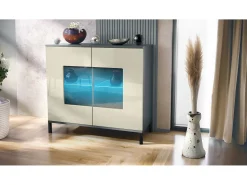 Cómoda Grömitz V3, Moderno armario de cocina con 2 grandes puertas de cristal incl. iluminación RGB antracita mate / crema de alto brillo (92,5 x 83.5 x 35)