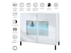 Cómoda Grömitz V3, Moderno armario de cocina con 2 grandes puertas de cristal incl. iluminación RGB blanco mate / crema de alto brillo (92,5 x 83.5 x 35)