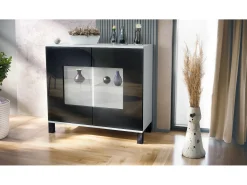 Cómoda Grömitz V3, Moderno armario de cocina con 2 grandes puertas de cristal blanco mate / negro de alto brillo (92,5 x 84.5 x 35)