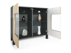 Cómoda Grömitz V3, Moderno armario de cocina con 2 grandes puertas de cristal antracita mate / negro de alto brillo (92,5 x 84.5 x 35)