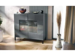 Cómoda Grömitz V3, Moderno armario de cocina con 2 grandes puertas de cristal antracita mate / gris de alto brillo (92,5 x 83.5 x 35)