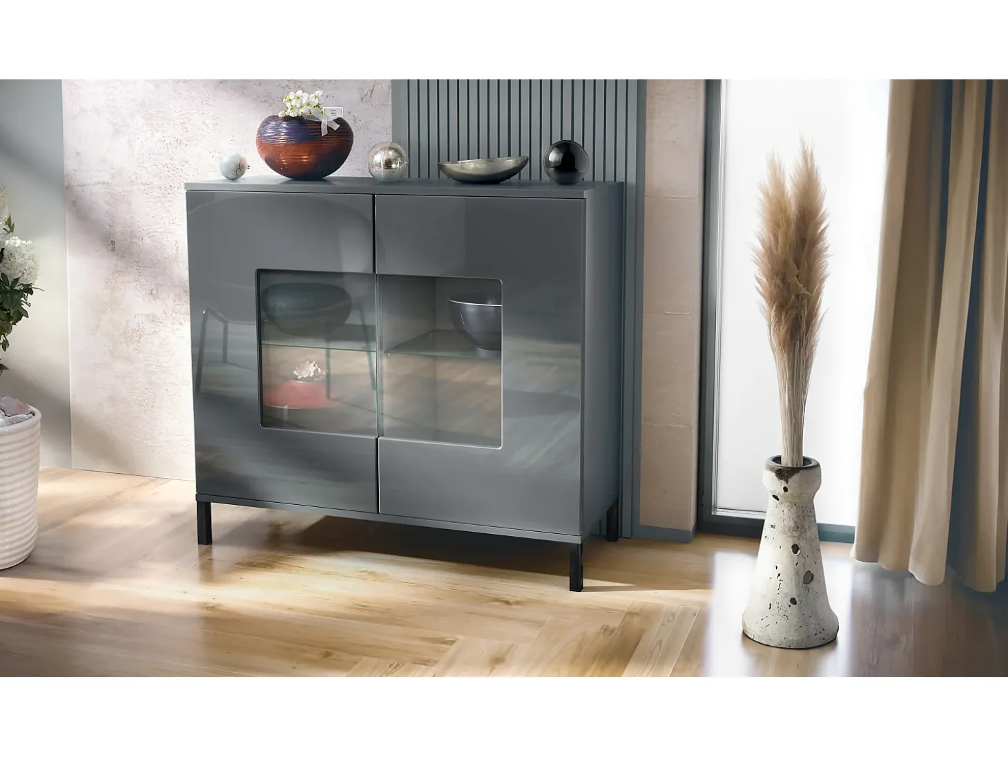 Cómoda Grömitz V3, Moderno armario de cocina con 2 grandes puertas de cristal antracita mate / gris de alto brillo (92,5 x 83.5 x 35)