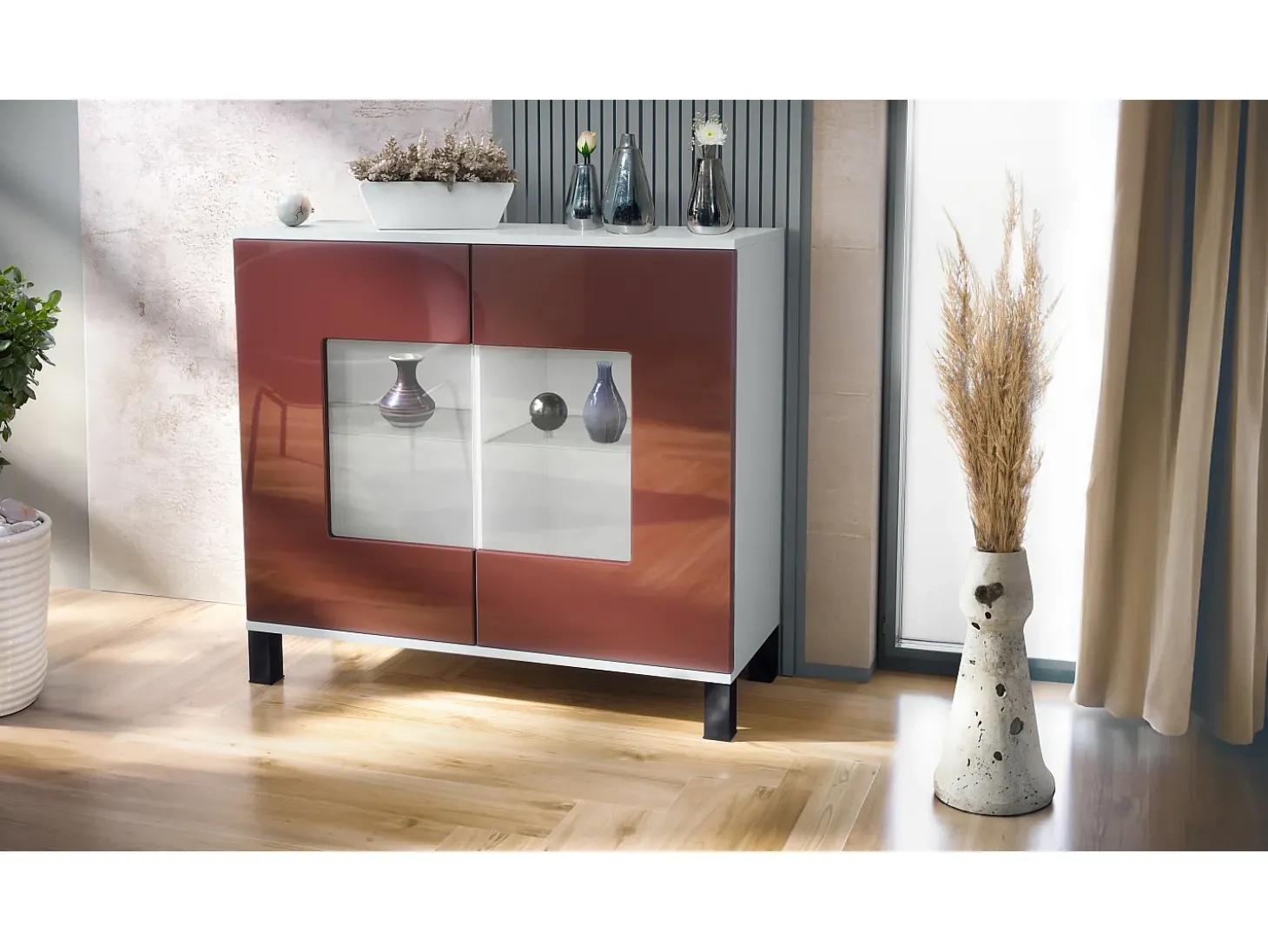 Cómoda Grömitz V3, Moderno armario de cocina con 2 grandes puertas de cristal blanco mate / burdeos de alto brillo (92,5 x 84.5 x 35)