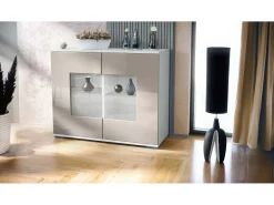 Cómoda Grömitz V3, Moderno armario de cocina con 2 grandes puertas de cristal blanco mate / gris arena de alto brillo (92,5 x 75.5 x 35)