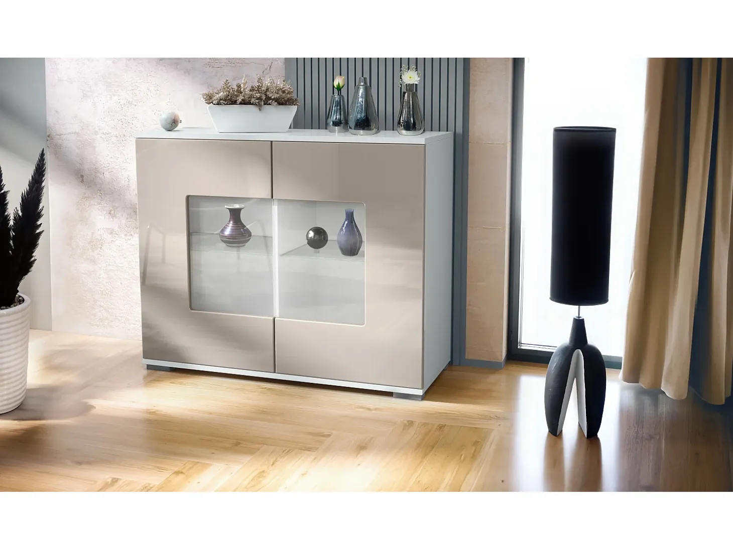 Cómoda Grömitz V3, Moderno armario de cocina con 2 grandes puertas de cristal blanco mate / gris arena de alto brillo (92,5 x 75.5 x 35)
