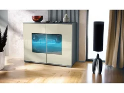 Cómoda Grömitz V3, Moderno armario de cocina con 2 grandes puertas de cristal incl. iluminación RGB antracita mate / crema de alto brillo (92,5 x 75.5 x 35)