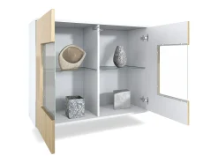 Cómoda Grömitz V3, Moderno armario de cocina con 2 grandes puertas de cristal incl. iluminación RGB blanco mate / crema de alto brillo (92,5 x 73.5 x 35)