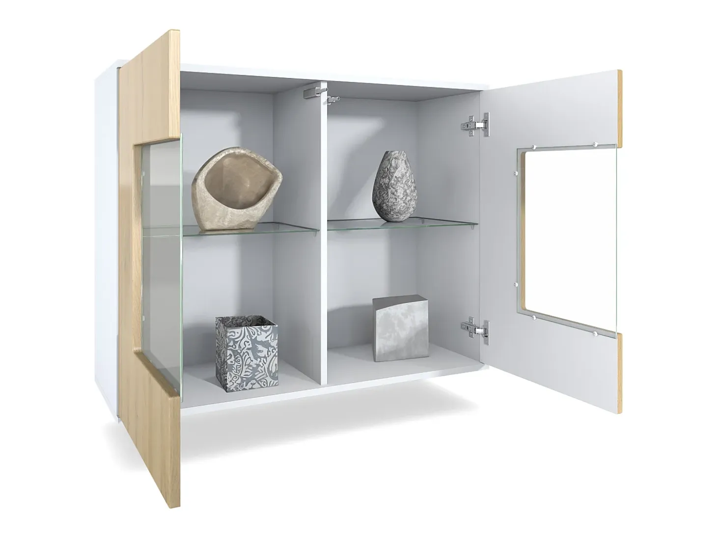 Cómoda Grömitz V3, Moderno armario de cocina con 2 grandes puertas de cristal incl. iluminación RGB blanco mate / crema de alto brillo (92,5 x 73.5 x 35)