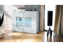 Cómoda Grömitz V3, Moderno armario de cocina con 2 grandes puertas de cristal incl. iluminación RGB blanco mate / blanco de alto brillo (92,5 x 75.5 x 35)
