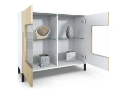 Cómoda Grömitz V3, Moderno armario de cocina con 2 grandes puertas de cristal blanco mate / burdeos de alto brillo (92,5 x 83.5 x 35)