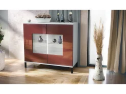 Cómoda Grömitz V3, Moderno armario de cocina con 2 grandes puertas de cristal blanco mate / burdeos de alto brillo (92,5 x 83.5 x 35)