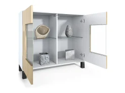 Cómoda Grömitz V3, Moderno armario de cocina con 2 grandes puertas de cristal incl. iluminación RGB blanco mate / burdeos de alto brillo (92,5 x 84.5 x 35)