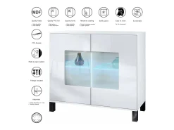 Cómoda Grömitz V3, Moderno armario de cocina con 2 grandes puertas de cristal incl. iluminación RGB blanco mate / burdeos de alto brillo (92,5 x 84.5 x 35)