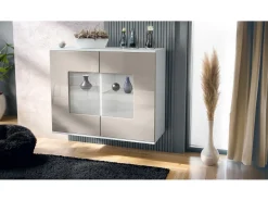 Cómoda Grömitz V3, Moderno armario de cocina con 2 grandes puertas de cristal blanco mate / gris arena de alto brillo (92,5 x 73.5 x 35)