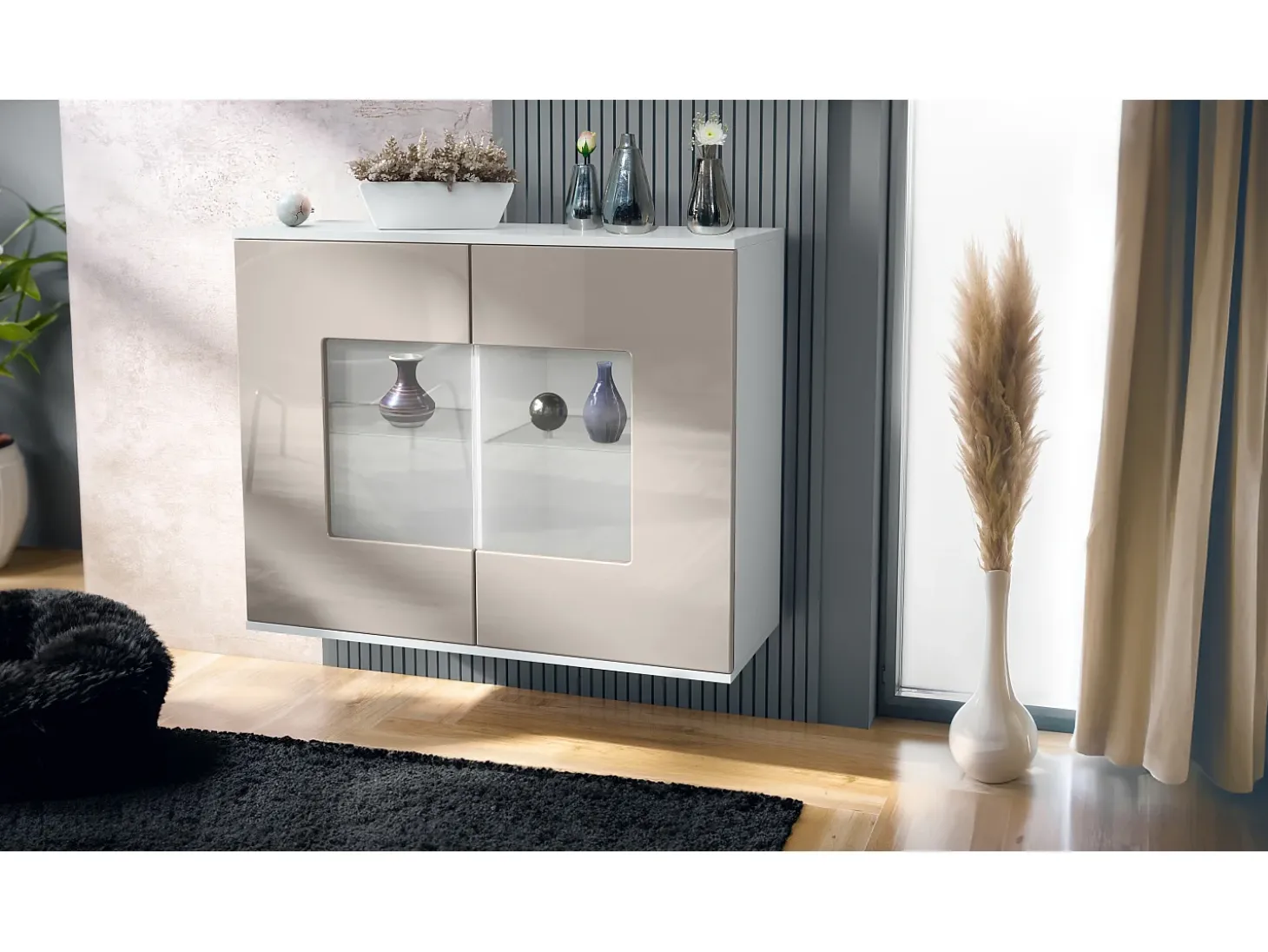 Cómoda Grömitz V3, Moderno armario de cocina con 2 grandes puertas de cristal blanco mate / gris arena de alto brillo (92,5 x 73.5 x 35)