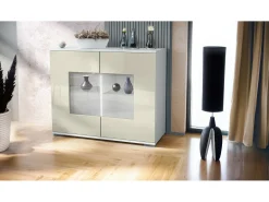 Cómoda Grömitz V3, Moderno armario de cocina con 2 grandes puertas de cristal blanco mate / crema de alto brillo (92,5 x 75.5 x 35)