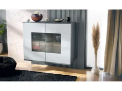 Cómoda Grömitz V3, Moderno armario de cocina con 2 grandes puertas de cristal antracita mate / blanco de alto brillo (92,5 x 73.5 x 35)