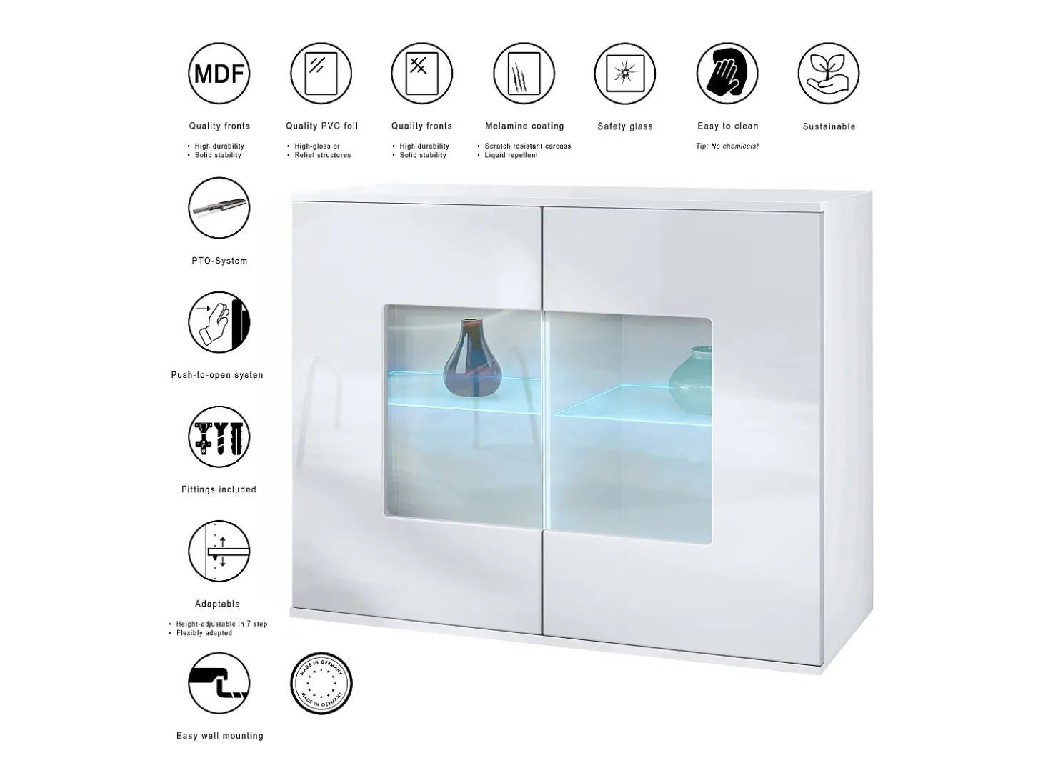 Cómoda Grömitz V3, Moderno armario de cocina con 2 grandes puertas de cristal incl. iluminación RGB blanco mate / negro de alto brillo (92,5 x 73.5 x 35)